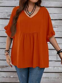 EMERY ROSE Plus Size Women's  Vacation Casual Dark Blue Mom Shirts With Ruffled Sleeves For Summer