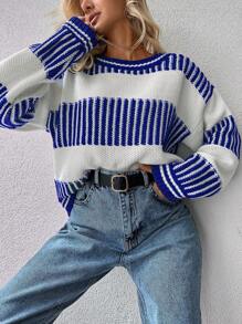 EURMUSE Striped Pattern Drop Shoulder Sweater - Royal Blue - View 3