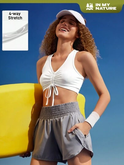 In My Nature 纯色褶皱V领抽绳女士夏季户外上衣