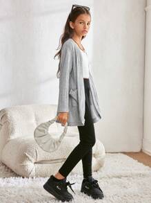 Tween Girl Loose Casual Textured Floral Gray Knit Cardigan Jacket - Light Grey - View 3