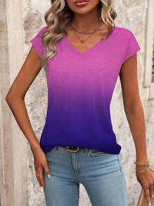SHEIN LUNE T-shirt décontracté d'été pour femme à col en V et à manches courtes dégradé