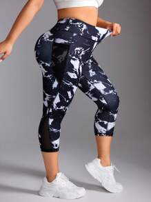 SHEIN Sport Studio Legginsy 7/8 z wysokim stanem i nadrukiem na całej powierzchni, sportowe spodnie do jogi na co dzień