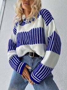EURMUSE Striped Pattern Drop Shoulder Sweater - Royal Blue - View 4
