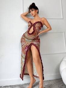 SHEIN SXY Women's Floral Print Sleeveless Ruffled Cutout Bodycon Midi Dress - Brown - View 5