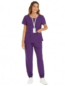 Bộ đồ y tế mùa hè dành cho nữ, áo và quần cổ chữ V màu trơn. - Màu tím - Xem 7