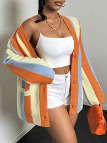 女士开衫开衫针织毛衣纽扣长袖彩条纹口袋包包宽松性感闺蜜聚会四季秋冬女装 - 彩色 - 查看 4