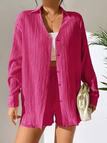 SHEIN LUNE 2pcs Women's V-Neck Button Textured Long Sleeve Blouse & Relaxed Fit Shorts Set, Casual Outfit - Hot Pink - View 5