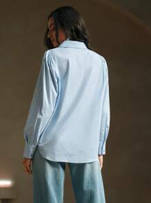 Anewsta Women's Spring Casual/Work Rhinestone Embellished Blue Long Sleeve Shirt - Blue - View 2