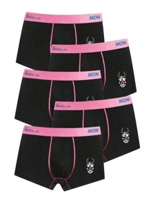 5 piezas Bóxer para hombres con raya y estampado de letras multicolor en la cintura