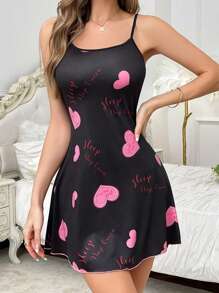 SHEIN Heart & English Letter Print Camisole Nightgown For Women - Multicolor - View 4