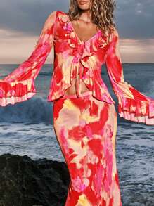 Opulessa Vacation Multi-Print Women's Flare Sleeve Top With Ruffle Hem, Long Sleeve