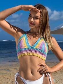 SHEIN Swim 女士拼色针织罩衫，配有后系带和胸罩，夏季