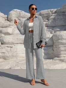 SHEIN Clasi 2 件套女式纽扣纯色衬衫和抽绳宽腿宽松裤套装 - 灰色 - 查看 5
