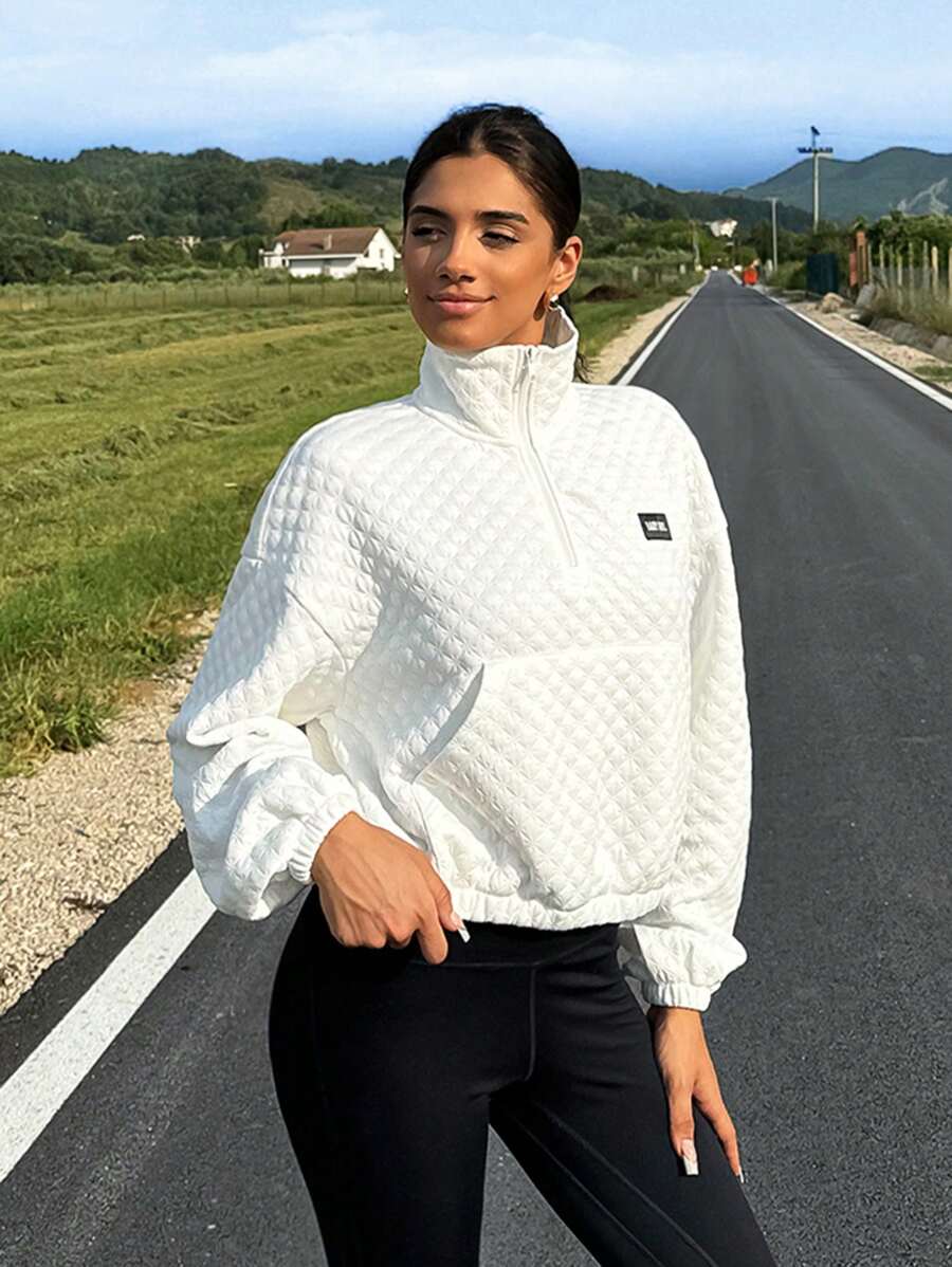 SHEIN EZwear Sudadera holgada con bolsillo canguro y adhesivo de letras - Blanco - Ver 1