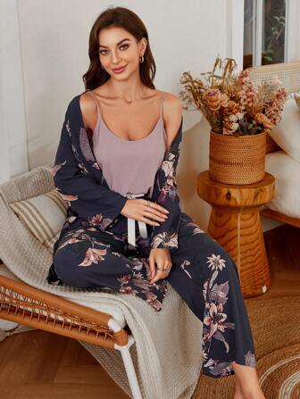 Serenescape Women's Elegant Large Floral Printed Belted Robe & Cami Top & Pants Pajama Set Holiday Season, Fall Winter Clothes