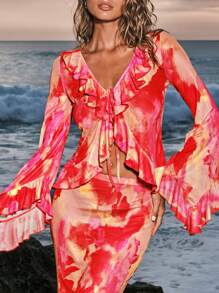 Opulessa Vacation Multi-Print Women's Flare Sleeve Top With Ruffle Hem, Long Sleeve