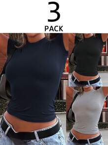 INAWLY 3pcs/Set Women's Summer Short Fitted Multicolor T-Shirt & Casual Matching Set