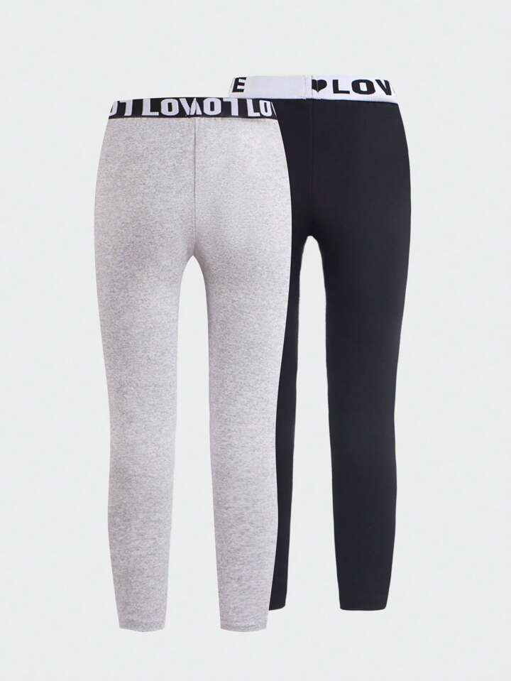 2 pieces Leggings de sport longs pour filles avec ceinture a texte anglais noir et blanc