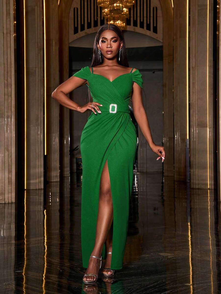 Faeriesty Off Shoulder Buckle Belted Ruched Wrap Dress - Green - View 1