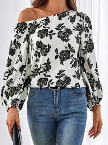 SHEIN Clasi Elegant Floral Print Square Collar 3/4 Lantern Sleeve Loose Fit Women's Blouse Black And White Shirt Asymmetrical Shoulder Long Sleeve Long Sleeve Shirt Teacher Clothes - Black and White - View 4