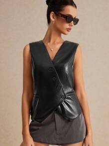 SHEIN Frenchy Women's Black PU Faux Leather Asymmetric Cropped Vest Blazer, Black PU Blazer, Black Vest, Leather Vest, Fall/Winter Clothing, Old Money, Casual Easy Fashion Essentials, Bridgerton Style Elegant - Black - View 4