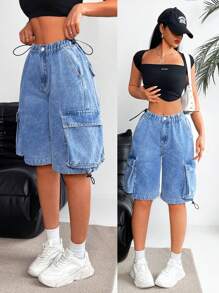 SHEIN EZwear Women's Front Button Multiple Pockets Solid Color Denim Shorts, Casual Daily Wear