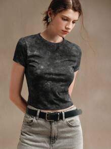 Anewsta Women Casual Tie-Dye Washed Effect Gray Fitted Cropped T-Shirt Graphic Tees Women Tops - Dark Grey - View 1