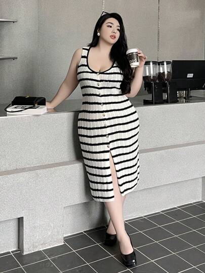 SHEIN LUNE Plus Size Women's Striped Button Decoration Split Hem Sleeveless Sweater Dress, Summer