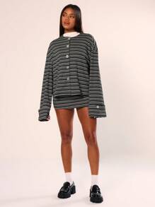 MUSERA Striped Oversized Dropped Shoulder Extreme Long Sleeve Top Vacation Airport Graphic Oversized Top Holiday Back To School Winter Elegant Spring Summer - Black - View 5