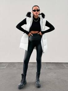 EURMUSE Gepolsterter Weste mit Fellkapuze und verstellbarer Taille, zwei Seitentaschen, dicker und modischer Daunenjacke, Steppdetails - Schwarz und Weiss - Übersicht 9