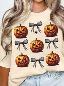 SHEIN LUNE Plus Size Women's Loose Fit Casual T-Shirt With Bowknot & Pumpkin Print, Round Neckline And Dropped Shoulders, Summer