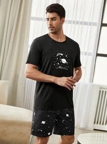 CoupledUp Men's Star Print Short Sleeve Crew Neck Pajama Set