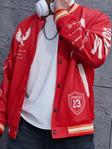 Manfinity Roghcode Men's Summer Sports College-Style Oversized Letter Pattern Eagle Badge Printed Red Baseball Collar Jacket - Red - View 4