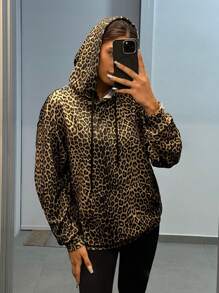 SHEIN EZwear Women's Fashionable Leopard Print Hooded Sweatshirt With Pocket