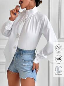 EURMUSE Mock Neck Raglan Sleeve Button Front Asymmetrical Hem Shirt - White - View 1