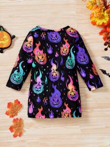 SHEIN Abito casual sportivo da ragazza per autunno, Ognissanti, elegante e carino, con stampa colorata a fiamma viola e zucca, per festa di Ognissanti