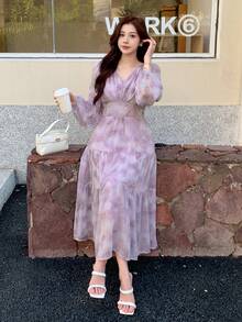 DAZY Women's Spring Summer Elegant Floral Allover Print Lantern Sleeve Dress