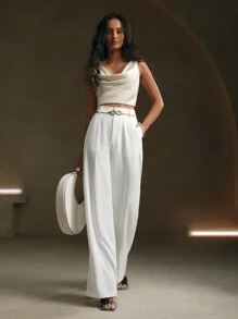 Anewsta Petite Pantalon de costume blanc printemps, pantalon de costume moderne urbain avec décoration de ceinture métallique de couleur unie et poches - Blanc - Voir 5