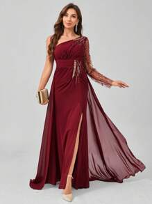 Women's Formal Evening Dress (Heavy Work Style) - 酒紅色 - 查看 1