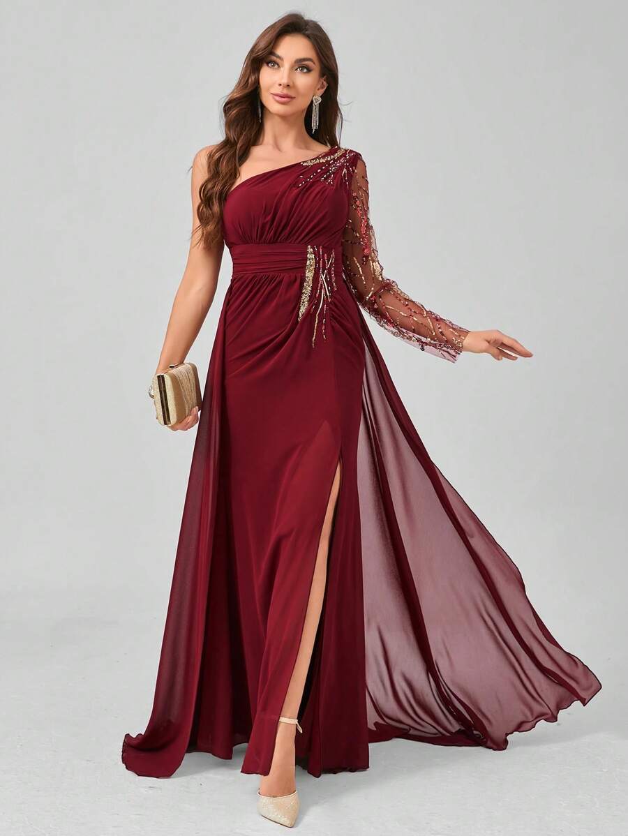 Women's Formal Evening Dress (Heavy Work Style) - 酒紅色 - 查看 1