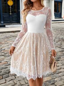 SHEIN Clasi 女士蕾丝网纱透视及膝连衣裙 白色女士连衣裙