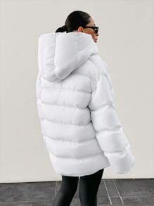 RueChic Plain Hooded Puffer Coat With Snap Button - White - View 2
