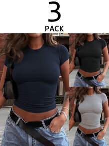INAWLY 3pcs/Set Women's Summer Short Fitted Multicolor T-Shirt & Casual Matching Set