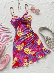 Soleia Vestido corto ajustado asimétrico con dobladillo de volantes y estampado tropical azul para mujeres con patrón floral rojo, perfecto para vacaciones y verano - Multicolor - Ver 1