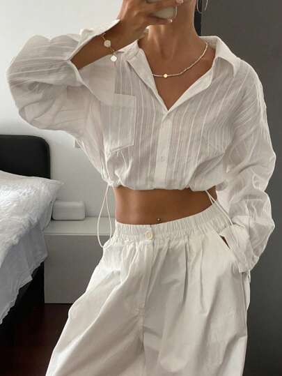 Livesso Blusa de mujer de unicolor con cuello vuelto, manga larga y bajo con cordón, blusa corta de verano para mujer