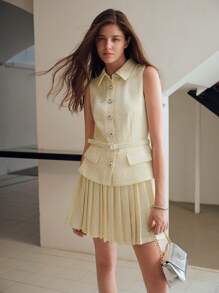 MOTF STUDIO TWEED FLAP DETAIL BUCKLE BELTED PLEATED HEM SHORT DRESS