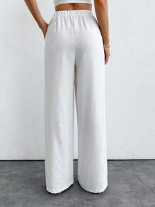 EURMUSE Women Red Palazzo Wide Leg Pants With Elastic Waist 339 - White - View 2
