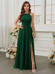 SHEIN Belle Sleeveless Pleated Halter High Slit Waist Elegant Bridesmaid Dress - Dark Green - View 7