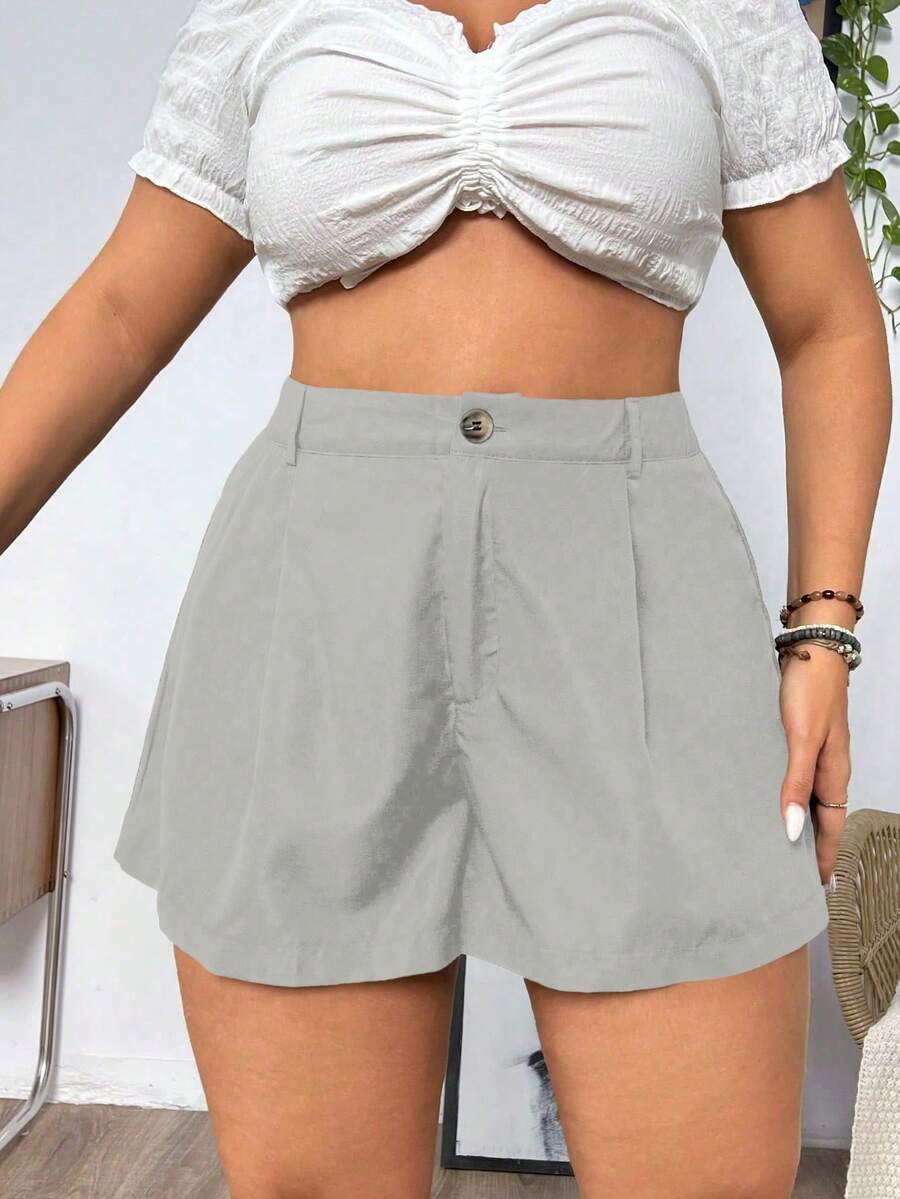 SHEIN Franclia 夏季大码褶皱休闲短裤 - 灰色 - 查看 1
