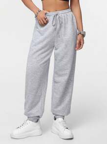 SHEIN EZwear 1 套女士休闲红蜘蛛和花卉印花抽绳下摆运动衫和裤子，适合秋冬季